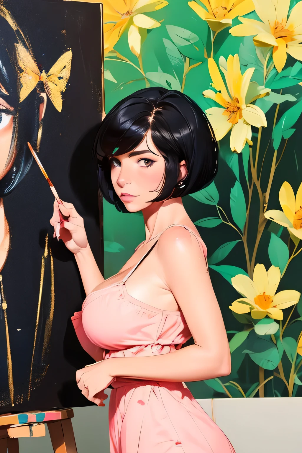  pretty girl .  She's French  .  Height 175 centimeters .  Breast size 3  .  Black eyes  .  black hair ,  Bob hairstyle  . She's an artist  .  Standing and painting a picture .