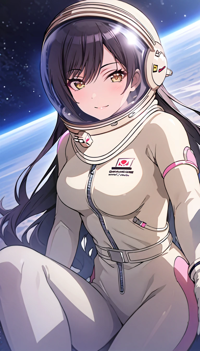 (spacesuit:1.15), white cargo pants, astronaut)bubble helmet, space helmet, white gloves, smiling, looking at the audience, outer space, floating, alone, masterpiece, best quality, 1girl, beautiful, image from below, solo, ShiraseSakuya, very long hair, black hair, high ponytail, bangs, yellow eyes, large breasts
