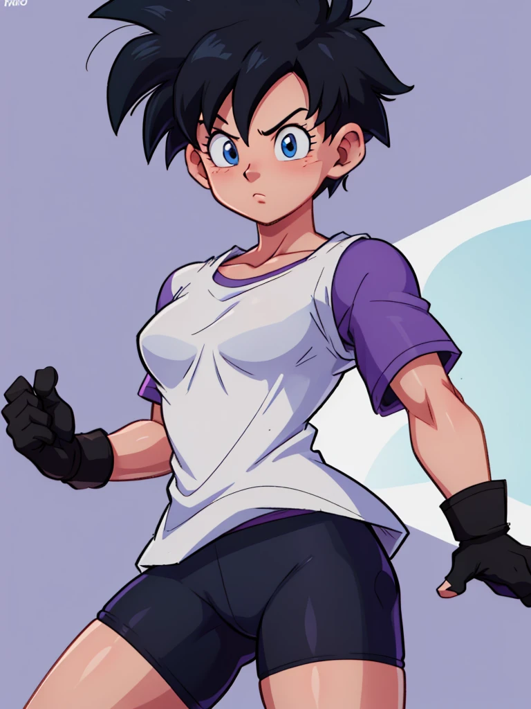 foto RAW, ( highly detailed skin, detailed eyes :1.1), intricate details, Better quality, 8K UHD, soft lighting , gohan1 , Alone, blue eyes, black hair, short hair, black gloves, bike shorts, fringe, purple shirt, white shirt, Purple Short Sleeves , muscular