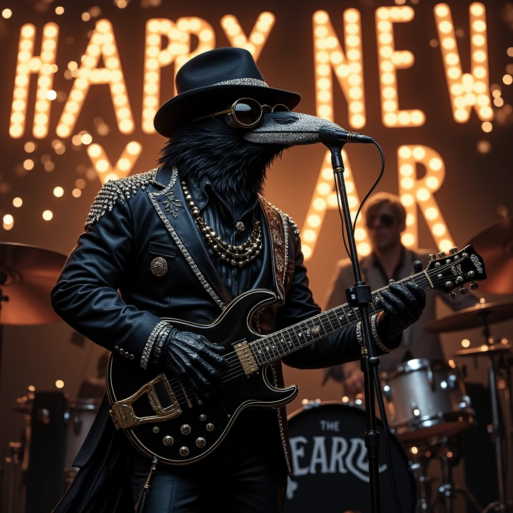 Muscular Anthropomorphic raven donned in intricate black suit with gold trim made of diamonds and a black diamond fedora. Diamonds cover his beak. Wears large sunglasses. Lead singer and electric guitar player of a band at a high end jazz club. Bass drum  says "The Pearl". Sings in to a retro style microphone while the band plays. Behind the open air stage, fireworks burst spelling "Happy New Year MAB" in sparkling firework letters. Dynamic jazz band scene, dynamic pose, High Resolution, Masterpiece, Cinematic, Character Design, Hyperdetailed, Cinematography,  cinematic lighting, Depth Of Field, Sparkle, Ray Tracing, Image Fill, Dynamic Pose, old fashion microphone 