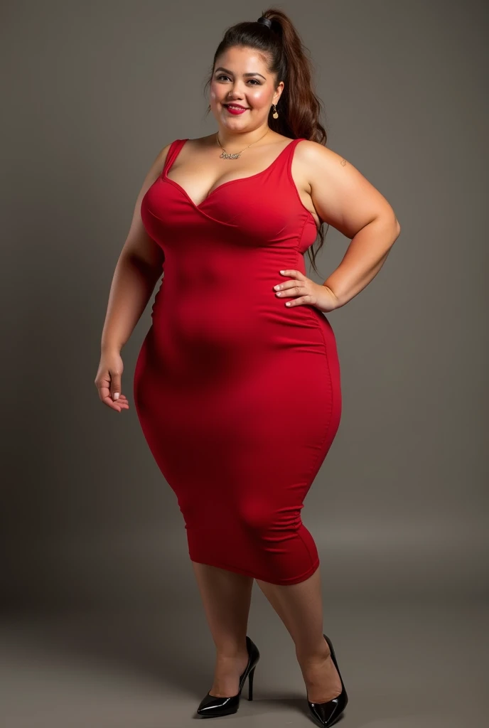 Beautiful 45 year old hot milf , Huge big boobs ,similar to Marilyn Monroe, Red hair, looking ahead at viewer, from front view, pretentious smile, trunk, Red clothing