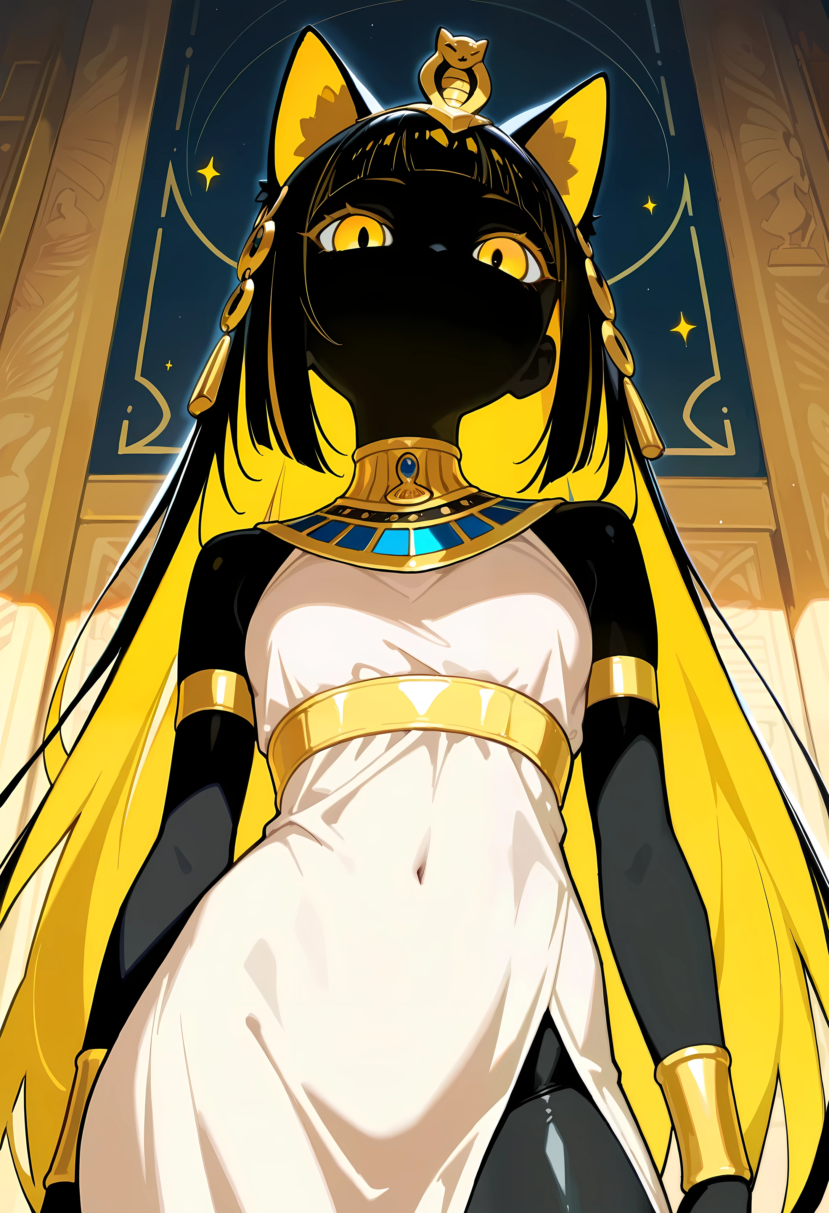 (masterpiece:1.3, top quality :1.3, detailed depiction :1.3, Amazing high definition :1.3, High Quality Anime Paintings ), (Alone:1.2), 1 girl\( cute, Cute,(Cold Eyes:1.3\mismatched pupils, beautiful sharpness eyes, Long, beautiful eyes:1.3, yellow eyes, longeyelashes), no mouth:1.5, no mouth:1.5, Beautiful Delicate Blonde :1.5, Shiny Hair:1.5, Each hair is delicately drawn:1.4, That hair is bathed in light and shines dazzlingly :1.4, slender body:1.3, Enchanting lines, Feminine Body Lines :1.5, Jet Black Body:1.5, pure white ancient egyptian costume :1.3, Bastet Goddess:1.4, Beautiful gold ornament :1.3, black:2.0, cowboy shot, long slender fingers , Egyptian Mural Backgrounds :1.5, Egyptian Art :1.4