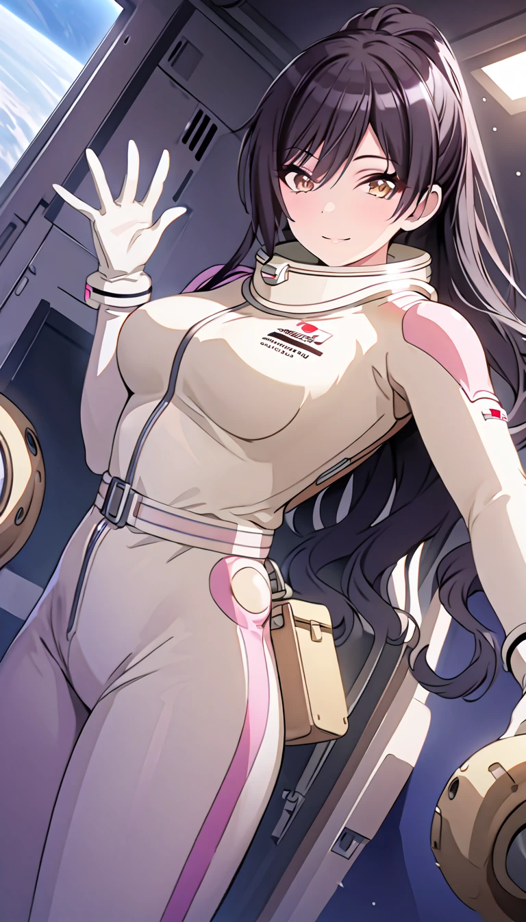 (spacesuit:1.15), white cargo pants, astronaut), white gloves, smiling, waving, looking at the audience, indoors, classroom, daylight, standing, , alone, masterpiece, best quality, 1girl, beautiful, image from below, solo, ShiraseSakuya, very long hair, black hair, high ponytail, bangs, yellow eyes, large breasts
