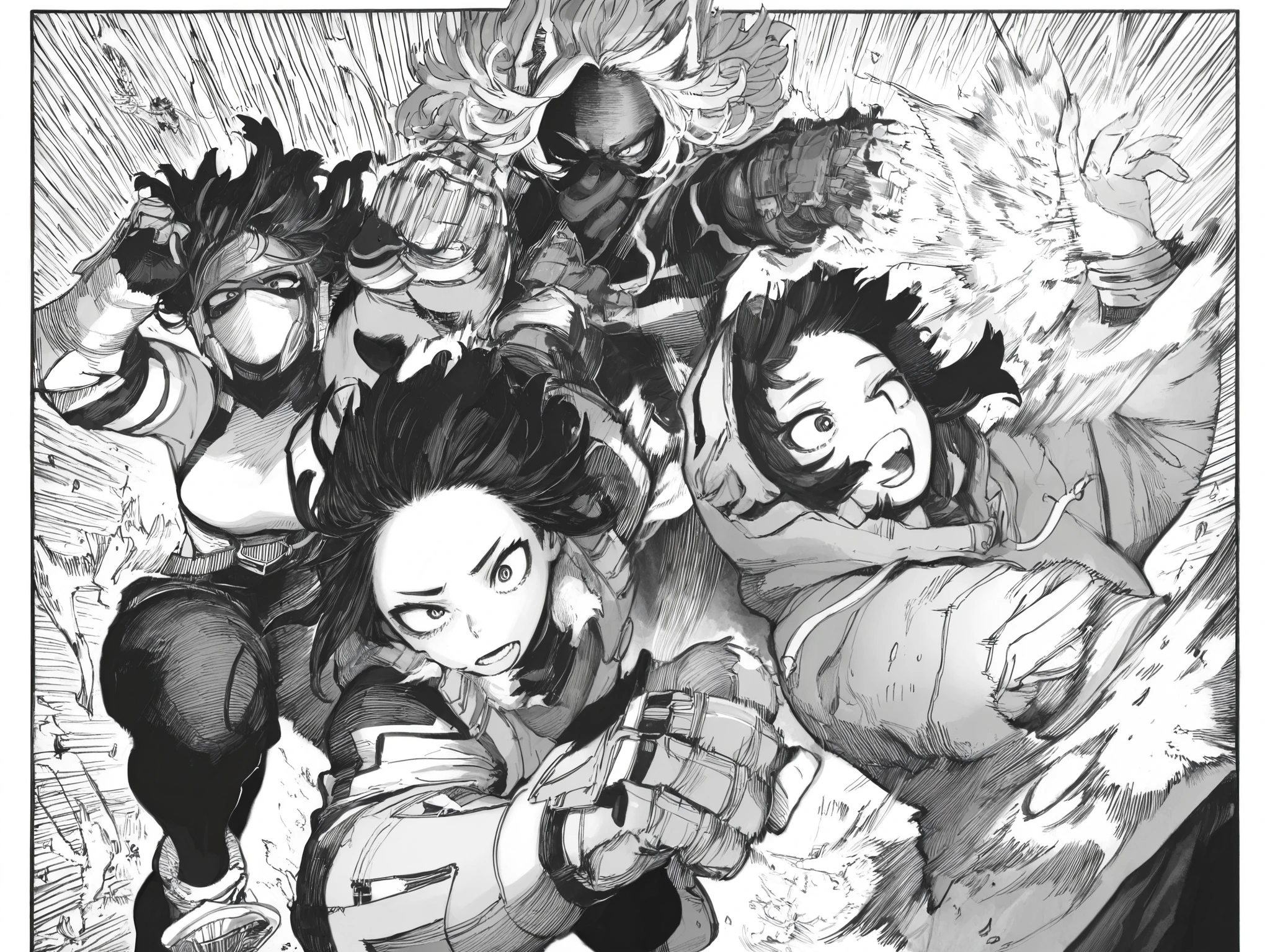 score_9, score_8_up, score_7_up, score_6_up, score_5_up, score_4_up, Kohei Horikoshi, My Hero Academia,
BREAK
(masterpiece: 1.0), best quality, monochrome, greyscale, crosshatching, directional hatching, gradients in shading, perfection, highly detailed hatching /texture/, extremely shaded
BREAK
ultra-detailed realistic manga \(medium\) (cinematic manga style), very awa, masterpiece, highres, absurdres, newest, year 2024, year 2023, ultra-detailed textures, (linear hatching, hatching \(texture\):1.1), ultra-detailed clothes, greyscale, monochrome, (masterpiece: 1.0), best quality, perfect anatomy, perfect composition, perfection, monochrome, greyscale, detailed hatching, directional hatching, contour hatching, thick outlines
BREAK
3girls, Asians, dynamic pose, foreshortening, shark finned gauntlets, shark finned hoodies, masks, action poses, black hair, 