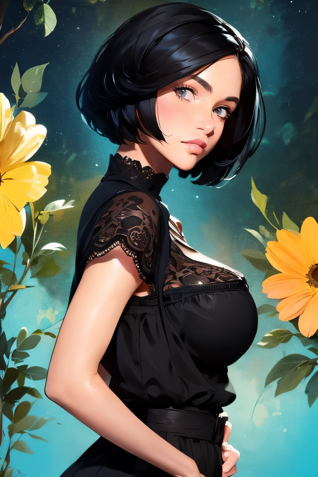  pretty girl .  She's French  .  Height 175 centimeters .  Breast size 3  .  Black eyes  .  black hair ,  Bob hairstyle  . 26 years old .  She's an artist  .  Standing and painting a picture .