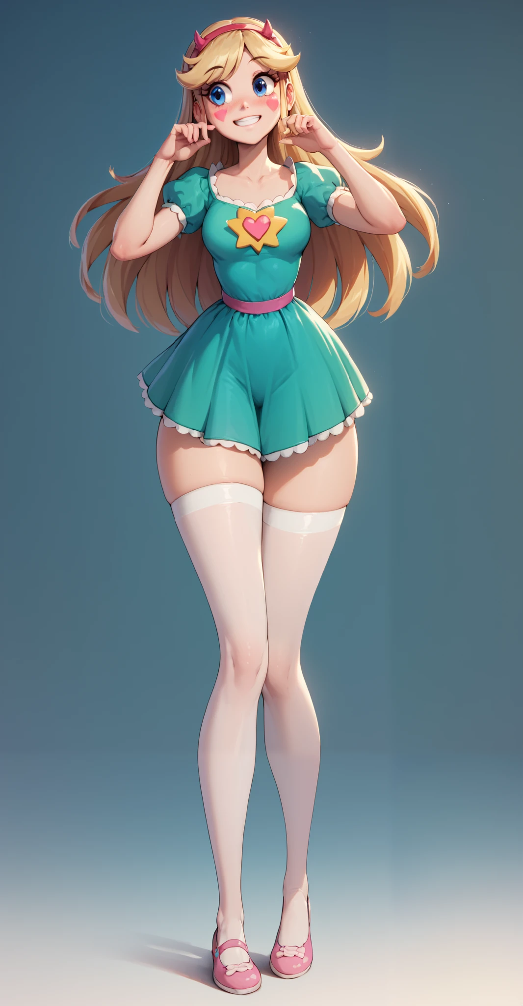 Star Butterfly, 1 girl, standing alone, ssmile, blush, looking ahead at viewer, blue colored eyes, green mini dress, ******, marking, ((whole body)), breasts , slender_waist, huge hips, bare thighs, curves, nice curvy legs, white stockings, pink mary janes shoes, front,sensual pose, best qualityer, no flaws, happy, smile, 