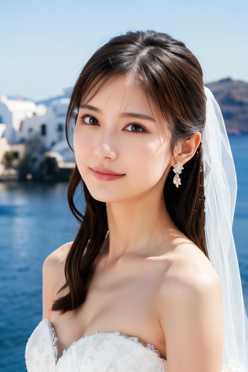 1 girl, ( wear a wedding dress:1.2), (Veil), very beautiful portrait of a Japanese idol,
( RAW photos, top quality ), ( realistic, realistic:1.4), (masterpiece),
very delicate and beautiful , very detailed, 2k wallpaper, amazing on the beach, finely, very detailed CG Unity 8K wallpaper, very detailed, high res, Soft light,
girl with beautiful details wearing a navy blue blouse, very detailed目と顔, Beautiful and Refined Nose, beautiful beautiful eyes under the sun, movie lighting,
(Santorini church ), (bell), (Aegean Sea),
Perfect Anatomy , slender body, small breasts, (A shy smile:0.8), whole body