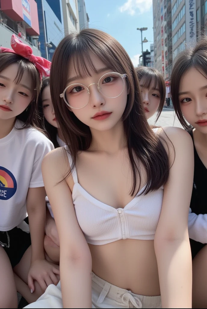 Young Face　Round glasses　Farbe々Hairstyle　Three Girls，Twin-tailed，Pigtails，，Bangs are aligned，Slightly chubby，tender，flexible，Short stature，Kuikomi Shirt，a bed，Smiling，The room is bright，Colossal tits，brownish hair