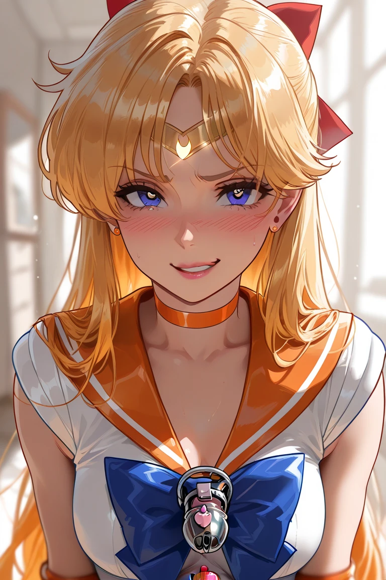 (masterpiece, best quality, high resolution, 8k, score_9, score_8_up), (((((girls upper body))))), (((Sailor Venus))), ((man with tiny tiny penis wearing chastity cage)), teasing blush Giggle