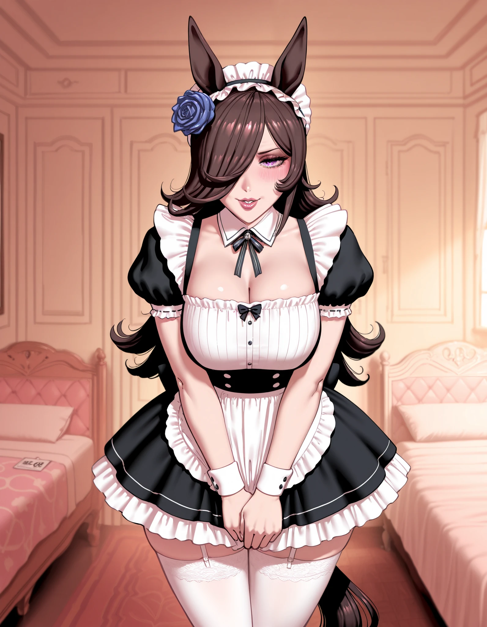 very aesthetic, masterpiece, best quality, newest, highres, high quality, fellatrix, 1girl, solo, rice shower (umamusume), hair over eyes, horse tail, horse ears, nametag, CEO, (maid outfit:1.2), maid cloth, mini swirl skirt, maid bandana, white stockings, wristband, detailed background, bedroom, perfect eyes, seductive eyes, looking at the viewer, from front