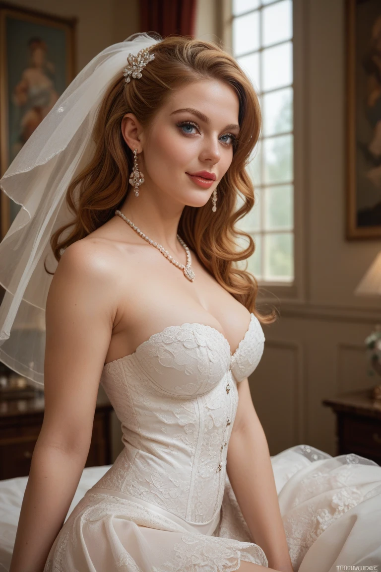 (8k, RAW photo, best quality, masterpiece:1.2),(realistic, photo-realistic:1.37), a glamour photo of a slight temptress, a rich [lace|leather] wedding dress,  callipygian, perfect face, coral eyes, copper hair, big hair, small breasts, in a palace,