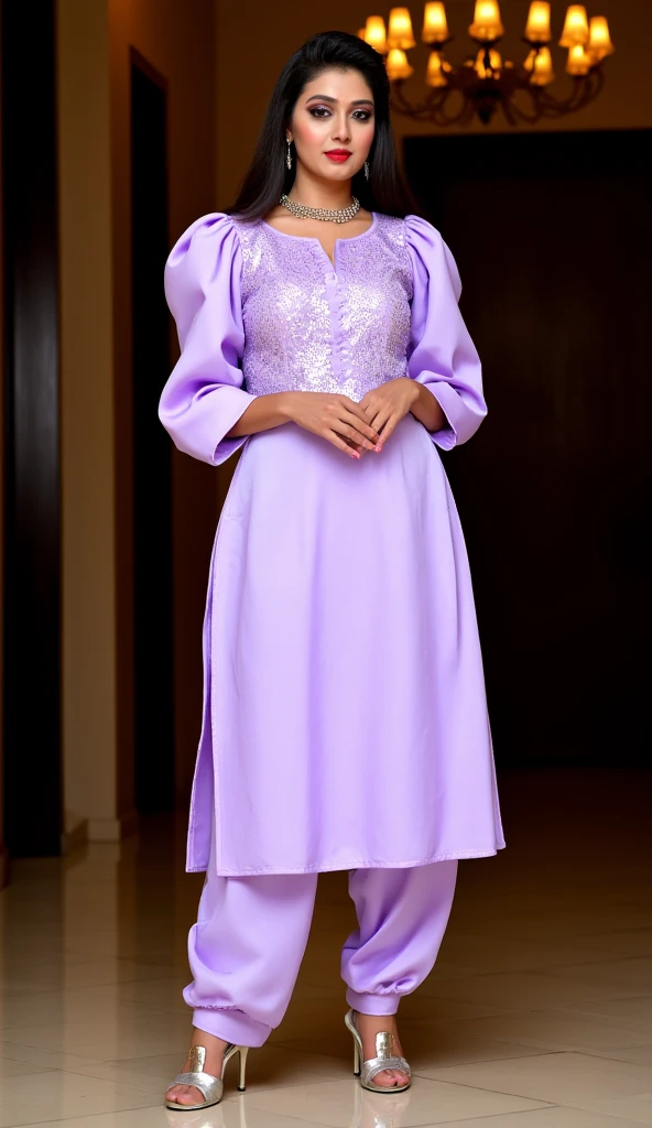 Malay woman in modest lilac baju kurung with small flower pattern in front of a yellow and light blue background seating and pose on a high studio single stool, glasses, hijab, thick platform shoes, mira filzah, model pose,