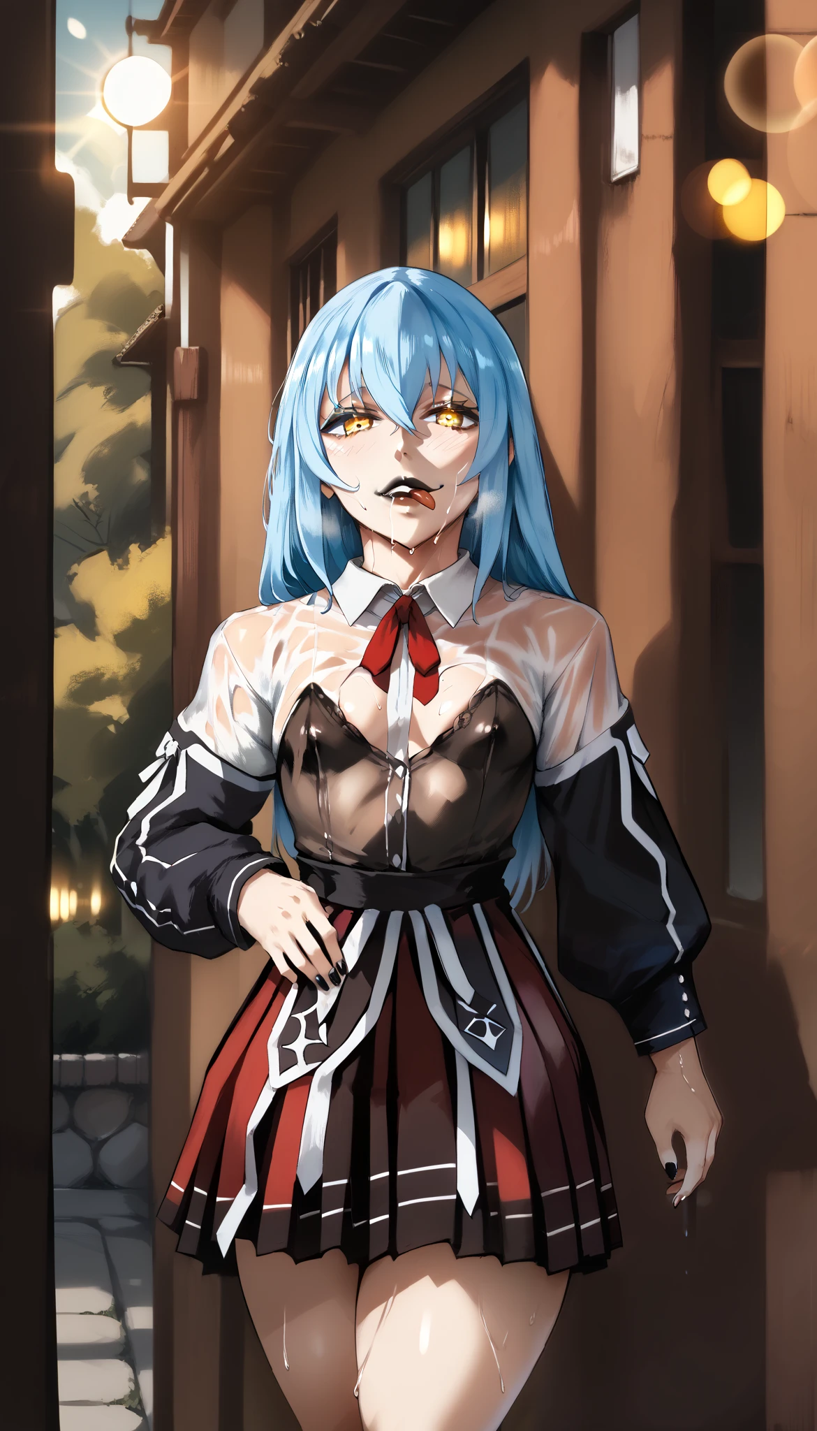 (cutesexyrobutts style:0.8), (hews style:0.7), harayutaka style, GrRimuru, rimuru tempest, long hair, hair between eyes, blue hair, yellow eyes, androgynous, mature female, (black lipstick, black lips:1.3), (small breasts:1.3), BREAK detailed eyes, (perfect hands, perfect anatomy), detailed eyes, (perfect hands, perfect anatomy), (skindentation:1.2), excessive sweating, sweating profusely, sweating drop, (gasping, heavy breathing:1.2), (glow effect:1.2), beautiful detailed eyes, beautiful detailed lips, extremely detailed face and portrait, elegant expression, soft warm lighting, volumetric lighting, cinematic composition, detailed environment, lush garden, vibrant colors, intricate details, masterpiece, high resolution, digital painting, excessive sweating, sweating profusely, sweating drop BREAK, ribbon, solo, looking_at_viewer, wet, wet_clothes, standing, collarbone, outdoors, clothes_writing, (bokeh:1.3), backlighting, protruding breasts, collared shirt, long sleeves, black ribbon, neck ribbon, vertical-striped shirt, black corset, dark red skirt, pleated skirt, frilled skirt, (tongue out:1.2), smirk