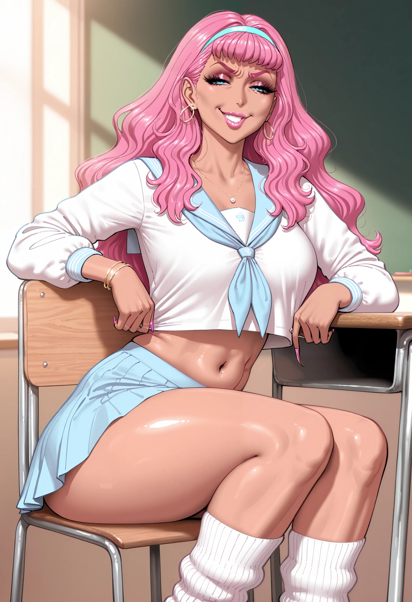 very aesthetic, masterpiece, best quality, newest, highres, high quality, fellatrix, 1girl, solo, Laura la Mer, slut, gyaru, pink hair, blue eyes, pink eyebrows, long hair, blue hairband, smile, smug, navel, serafuku, loose socks, sitting, classroom,