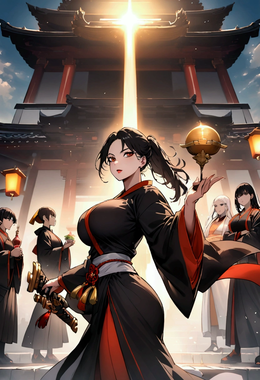 Japanese female monks、 big breasts、 round sunglasses 、Equip yourself with ceremonial items、Hero of Justice、 One Punch Man、 black costume、Robe、 Exorcist 、 Exorcist 、Japanese Temples、Strongest