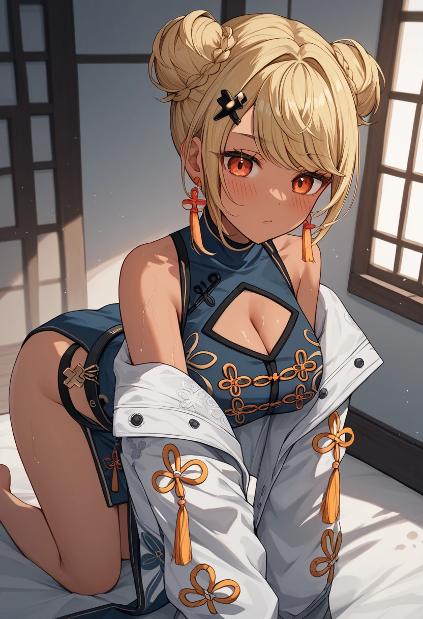 QpiChn,  orange eyes , dark skin, blonde hair, swept bangs, double bun, hair ornament, tassel earrings, blue dress, china dress, hip vent, high collar, cleavage cutout, shoulder cutout, black belt, white jacket, off-shoulder jacket,  on all fours ，blush：1.3， sweaty：1，difficulty breathing，sexual expression，Panicked， heart on the eye， embarrassing、back view