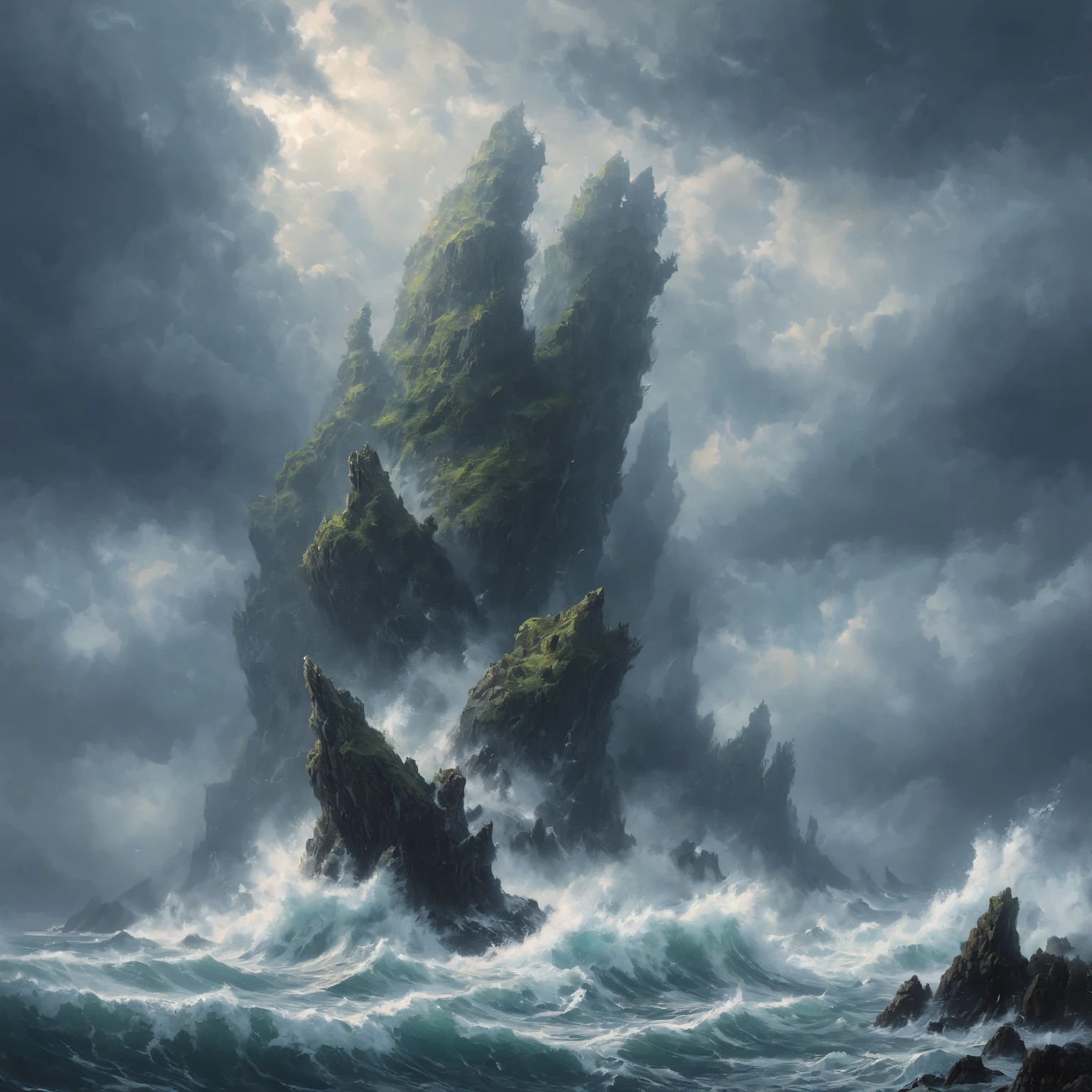 ( A huge cedar rises ), (  Sailing boat in the water   ), ( an exquisite rich sailing battleship ) , ( huge toothy mouth among the waves in the sea ), (Charybdis among the waves ) , ( whirlpool in huge fangs along the edges in the middle of the sea:1.2) ,   lost in the clouds    ,  (white mist spreads  ),     high black plateau with steep steep slopes above the stormy sea) ,  ( Fighting the elements ),   moss grows on top of a plateau   ,  lots of air      , cliff, the waves of the sea are raging      ,     (  the sky before the thunderstorm   )   ,  (  heavy clouds before a thunderstorm  ) , ( a dark cave under the plateau ),  frightening scary sky  , (storm on the water  ), (  huge waves  ), (  light through the clouds    )  ,    (  reflections in water  )    ,  [ view from under the arches of the cave ],      The Abyss of the Dark Sea      , 4K, concept art, fantasy, blue tones,   ( highest detail),   ( Lots of Details ), ( high quality,  masterpiece fails),  very detailed oil painting     ,  Aivazovsky style  ,     Высокий View from afar    , ( top view) , ( dynamic cinematic composition ) , (View from afar), ( closed composition ). 
