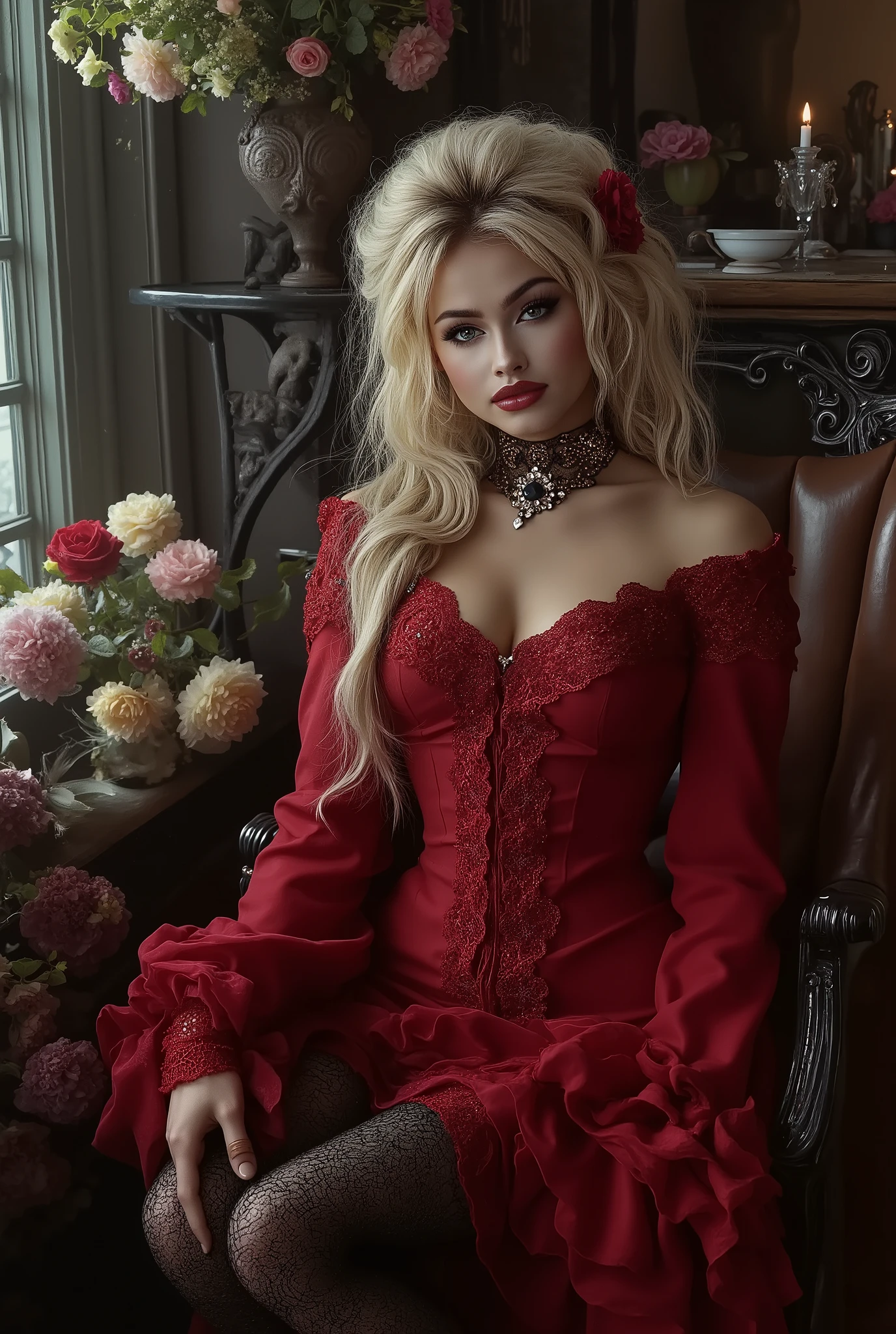 Create a beautiful woman (ros13m4cflx), perfect eyes, detailed eyelashes and eyebrows, red mouth, long curly blonde hair tied on one side of the head, a jewel ornament in her hair, wearing a red Victorian style dress with lace and gold thread, choker lace with jewels, legs with black lace stockings, wearing a pair of high heel shoes, red soles, in intricate rococo style designs, with gold thread applications, atelier background, flowers, light falling on the hair, in the most high quality, dark fantasy, night, candlelight, gloomy
