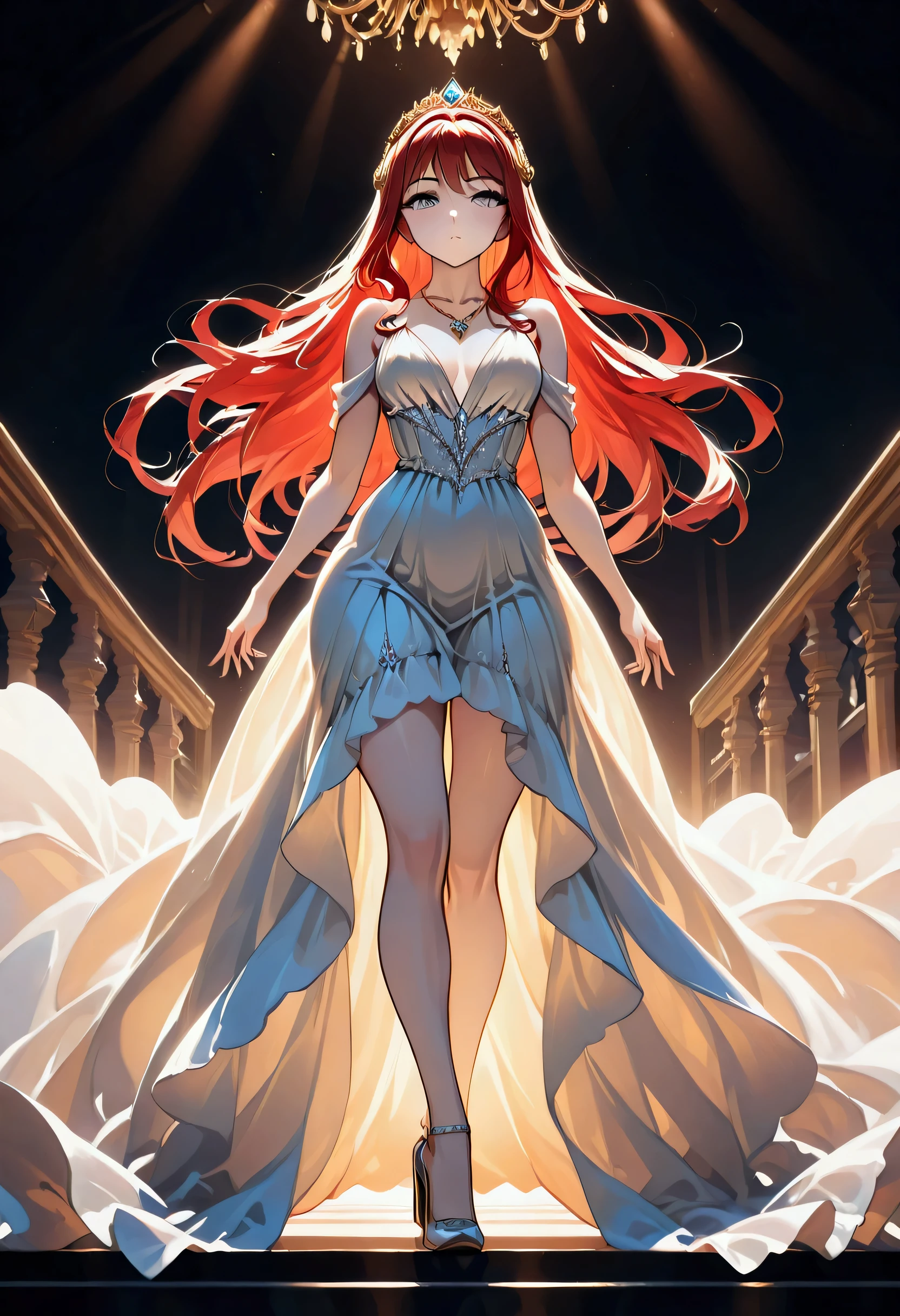 a glamour picture shot of a vampire elite model, walking on a (dark catwalk: 1.2), a glamourous elite female vampire model,  (ultra detailed face: 1.2), intense detailed face, red hair, long hair, lush hair, silver eyes, delicate face, pale skin, light make up, wearing intricate best detailed white dress, glamour dress, decorated with diamonds,  small cleavage, wearing high heels, elegant high heels, she wears blue  diamond necklace, elite fashion show background, Hyperrealism style, vibrant, Ultra-high resolution, (masterpiece:1.5), highest quality, Best aesthetics), best details, best quality, highres, ultra wide angle, 16k, [ultra detailed], masterpiece, best quality, (extremely detailed) Hyperrealism style, vibrant, Ultra-high resolution, (masterpiece:1.5), highest quality, Best aesthetics), best details, best quality, highres, ultra wide angle, 16k, [ultra detailed], masterpiece, best quality, (extremely detailed) RAW, Cinematic Shot, intricate details
