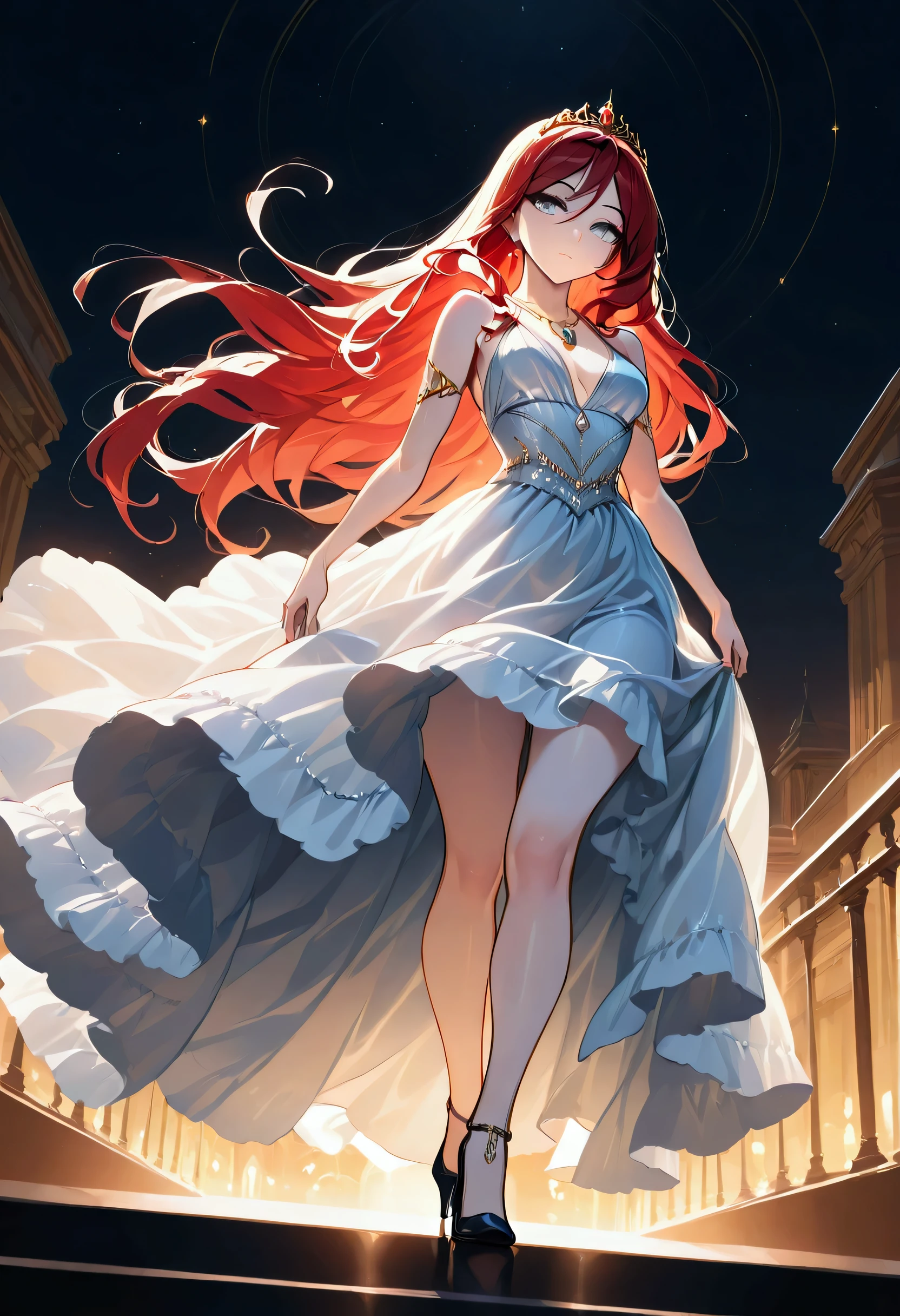 a glamour picture shot of a vampire elite model, walking on a (dark catwalk: 1.2), a glamourous elite female vampire model,  (ultra detailed face: 1.2), intense detailed face, red hair, long hair, lush hair, silver eyes, delicate face, pale skin, light make up, wearing intricate best detailed white dress, glamour dress, decorated with diamonds,  small cleavage, wearing high heels, elegant high heels, she wears blue  diamond necklace, elite fashion show background, Hyperrealism style, vibrant, Ultra-high resolution, (masterpiece:1.5), highest quality, Best aesthetics), best details, best quality, highres, ultra wide angle, 16k, [ultra detailed], masterpiece, best quality, (extremely detailed) Hyperrealism style, vibrant, Ultra-high resolution, (masterpiece:1.5), highest quality, Best aesthetics), best details, best quality, highres, ultra wide angle, 16k, [ultra detailed], masterpiece, best quality, (extremely detailed) RAW, Cinematic Shot, intricate details