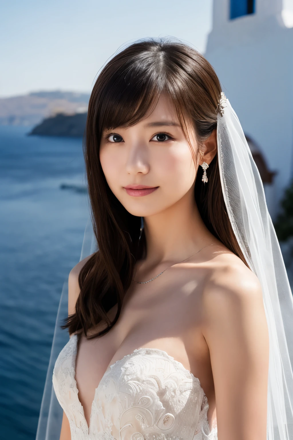  1 girl, ( wear a wedding dress:1.2), (Veil),  very beautiful portrait of a Japanese idol, 
( RAW photos,  top quality ), ( realistic,  realistic:1.4), (masterpiece), 
 very delicate and beautiful ,  very detailed, 2k wallpaper,  amazing on the beach, finely,  very detailed CG Unity 8K wallpaper,  very detailed,  high res, Soft light, 
 girl with beautiful details wearing a navy blue blouse,  very detailed目と顔,  Beautiful and Refined Nose,  beautiful beautiful eyes under the sun,  movie lighting, 
(Santorini church ), (bell), (Aegean Sea),
Perfect Anatomy ,  slender body,  small breasts, (A shy smile:0.8), whole body