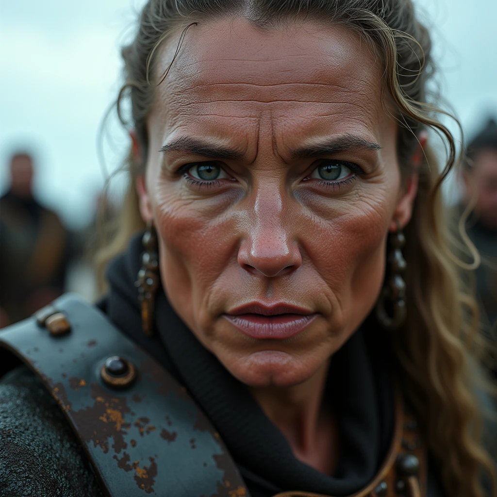 center close up 45 year old German actress Matured woman with oily face skin as Viking Warrior wearing viking armor and carrying axe with her vikingr behind her disembarking from the ship in beach as background, real model, real people, real scene, real skin texture, HDR, Hyperrealistic,Photorealistic image, dynamic lighting, volumetric illumination, 4 K, awarded, real scene detailed CG Unity 32K wallpaper ,, Award-winning works , very detailed, eyes are in focus, Nose and mouth, face focus, woman 、Symmetrical face,Realistic nostrils 、 Dilated C-shaped nostrils ,,,,,,,,,,,,,,,,,,, Be careful when reading barefoot , I sweated skin、 light that emphasizes skin that shines with sweat 、(( nose hook)), shiny skin、 skin growth 、