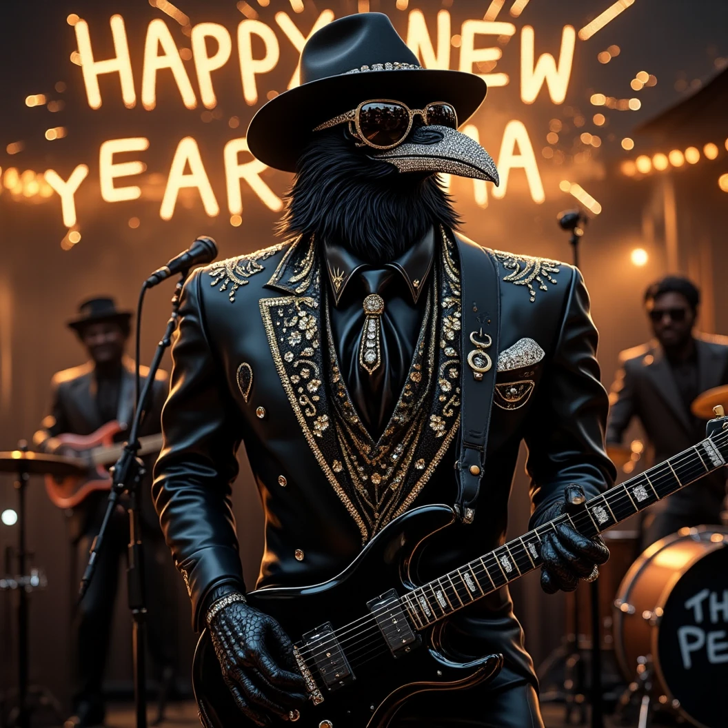 Muscular Anthropomorphic raven donned in intricate black suit with gold trim made of diamonds and a black diamond fedora. Diamonds cover his beak. Wears large sunglasses. Lead singer and electric guitar player of a band at a high end jazz club. Bass drum  says "The Pearl". Sings in to a retro style microphone while the band plays. Behind the open air stage, fireworks burst spelling "Happy New Year MAB" in sparkling firework letters. Dynamic jazz band scene, dynamic pose, High Resolution, Masterpiece, Cinematic, Character Design, Hyperdetailed, Cinematography,  cinematic lighting, Depth Of Field, Sparkle, Ray Tracing, Image Fill, Dynamic Pose, old fashion microphone 