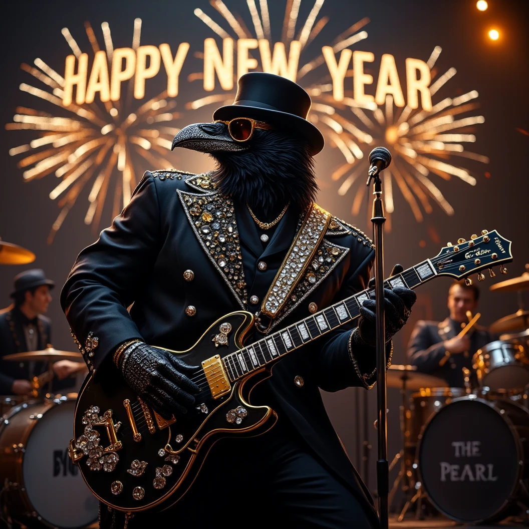 Muscular Anthropomorphic raven donned in intricate black suit with gold trim made of diamonds and a black diamond fedora. Diamonds cover his beak. Wears large sunglasses. Lead singer and electric guitar player of a band at a high end jazz club. Bass drum  says "The Pearl". Sings in to a retro style microphone while the band plays. Behind the open air stage, fireworks burst spelling "Happy New Year MAB" in sparkling firework letters. Dynamic jazz band scene, dynamic pose, High Resolution, Masterpiece, Cinematic, Character Design, Hyperdetailed, Cinematography,  cinematic lighting, Depth Of Field, Sparkle, Ray Tracing, Image Fill, Dynamic Pose, old fashion microphone 