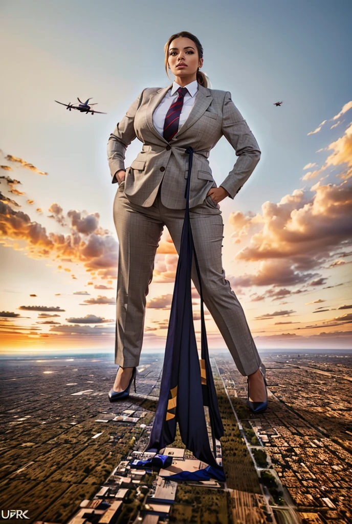 view from outer space of an approaching young giga giantess, Giantess art, 500 miles tall giga giantess, young sophisticated and stylish woman in a light grey italian trouser suit, form fitting crisp office shirt, and a large wide necktie in a windsor knot, with a beautiful, curvaceous figure, large natural breasts, blonde hair in a very long ponytail, with a curvaceous figure and massive breasts. wearing blue rounded court high heels with uncovered feet and standing, rampage-like pose, with a city skyscrapers background of mega-city, skyscapers, bright daylight, cloudy atmosphere. The image is a high-resolution, masterpiece-quality, cinematic, ultra-detailed, and hyper-photorealistic photograph, with perfect hands, face, and lighting. ultra-detailed, 8K, photo-realistic, hyper-realistic, masterpiece, intricate details, full body view. Looking pasted camera, The image is a high-resolution, masterpiece-quality, cinematic, ultra-detailed, and hyper-photorealistic photograph, with perfect hands, face, and lighting. ultra-detailed, 8K, photo-realistic, hyper-realistic, masterpiece, intricate details, from down below