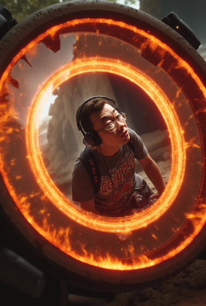 **"A person emerging from a mystical circular portal in the style of Doctor Strange. The portal has edges of glowing orange energy, emitting magical sparks and intense light. The surrounding scenery is an eerie environment, like a desert at dusk or an ancient temple. The person, with features of a nerdy gamer, is partially exiting the portal, wearing thick-framed glasses, large headphones with a microphone, and a t-shirt printed with gaming or science fiction themes. and curiosity. The surrounding environment reflects the glow of the portal, creating a magical and cinematic effect, with a touch of geeky elements, such as a video game controller in your hand or a backpack full of technological accessories."**