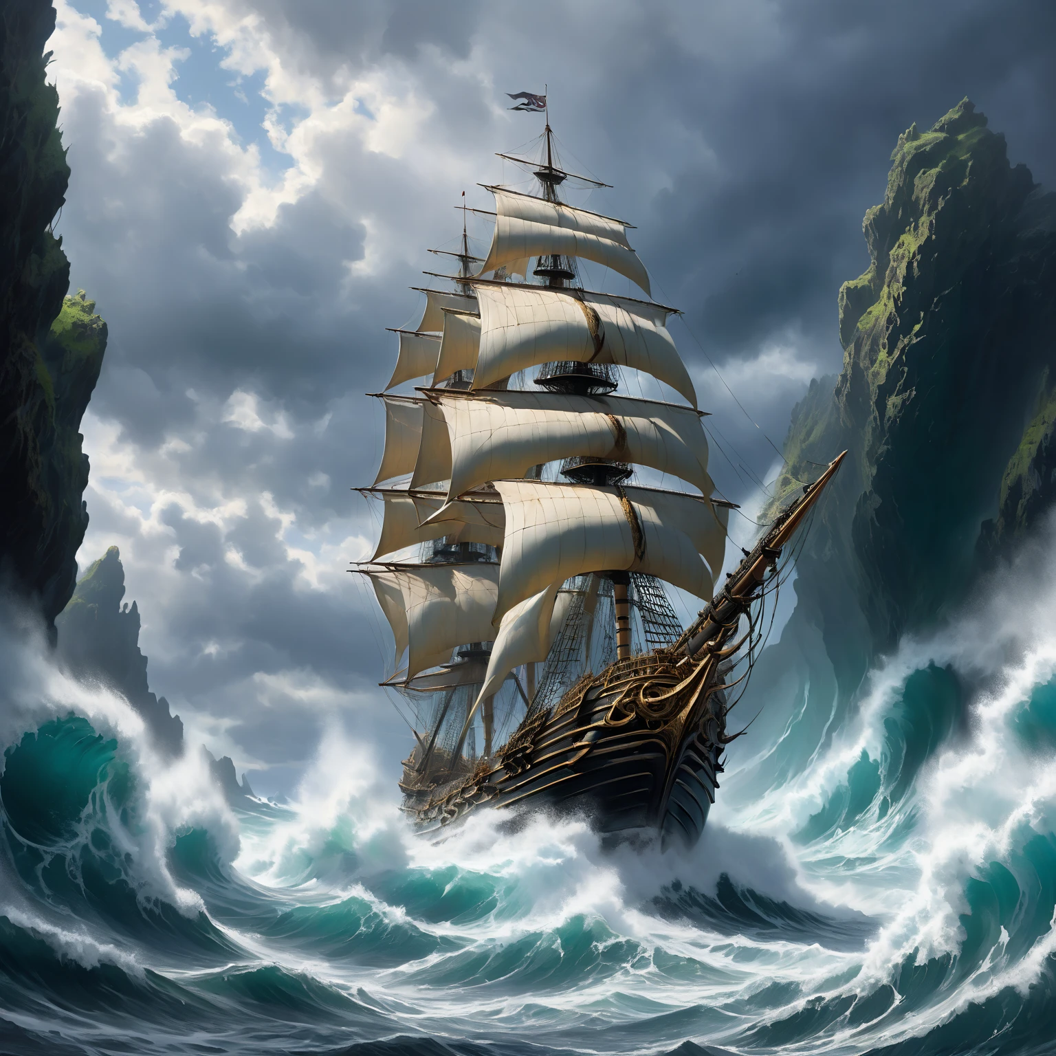 ( A huge cedar rises ), ( sailing ship in the sea :1.4 ), ( an exquisite rich sailing battleship :1.2) , ( black contrasting water ) , ( huge toothy mouth among the waves in the sea :1.5), (Charybdis among the waves :1.2) , ( a whirlpool in huge fangs along the edges in the middle of the sea :1.6) ,  ( a huge cedar grows on the plateau :1.2),  lost in the clouds    ,  (white mist spreads  ),     a high black plateau with steep steep slopes above the stormy sea) ,  ( Fighting the elements ),   moss grows on top of a plateau   ,  lots of air      , cliff, the waves of the sea are raging      ,     (  the sky before the thunderstorm   )   ,  (  heavy clouds before a thunderstorm  ) , ( a dark cave under the plateau ),  frightening scary sky  , (storm on the water  ), (  huge waves  ), (  light through the clouds    )  ,    (  reflections in water  )    ,  [ view from under the arches of the cave ],      The Abyss of the Dark Sea      , 4K, concept art, fantasy, blue tones,   ( highest detail),   ( Lots of Details ), ( high quality,  masterpiece fails),  very detailed oil painting     ,  Aivazovsky style  ,     Высокий View from afar    , ( top view) , ( dynamic cinematic composition ) , (View from afar), ( closed composition ), ( aerial view from afar :1.3).
