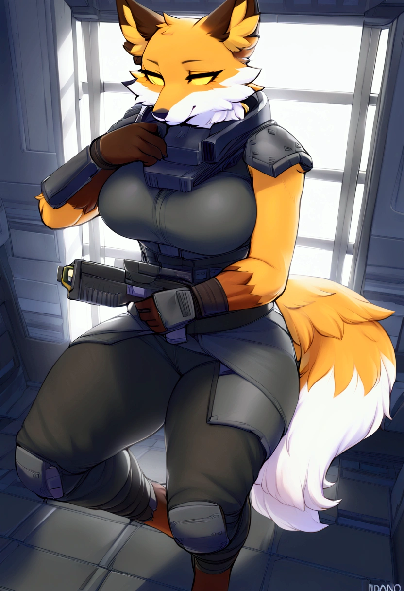 (top quality, best quality, Iriedono, High-quality illustrations, masterpiece, perfect artwork, cinematic light and shading, 16k, 1080p, uploaded on e621)(kemono, furry, anthro, alone), 1 larger female, (very detailed body, face, tail, arms, hands, legs, head and eyes), Helldivers, fox, Fennix, (Fortnite), thick thighs, big breasts, fur, fluffy, fox ears, fox fluffy tail, perfect eyes, yellow sclera eyes, yellow eyes, beautiful Helldivers clothing, beautiful apartment, body movement, body twitching, jiggle physics,