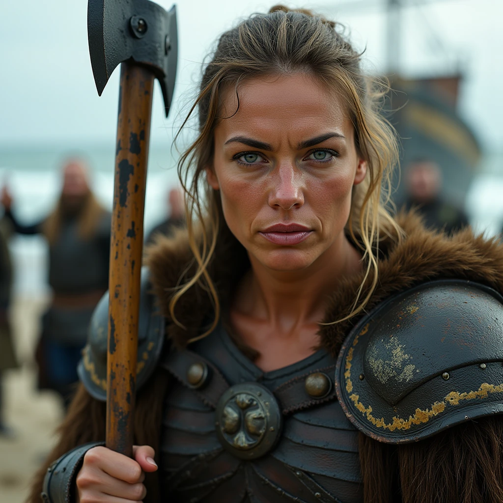 center close up 45 year old German actress Matured woman with oily face skin as Viking Warrior wearing viking armor and carrying axe with her vikingr behind her disembarking from the ship in beach as background, real model, real people, real scene, real skin texture, HDR, Hyperrealistic,Photorealistic image, dynamic lighting, volumetric illumination, 4 K, awarded, real scene detailed CG Unity 32K wallpaper ,, Award-winning works , very detailed, eyes are in focus, Nose and mouth, face focus, woman 、Symmetrical face,Realistic nostrils 、 Dilated C-shaped nostrils ,,,,,,,,,,,,,,,,,,, Be careful when reading barefoot , I sweated skin、 light that emphasizes skin that shines with sweat 、(( nose hook)), shiny skin、 skin growth 、