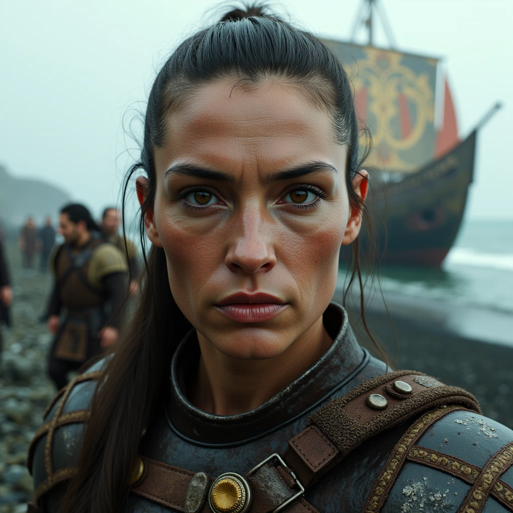 center close up 45 year old oily face skin as Viking Warrior wearing viking armor and carrying axe with her vikingr behind her disembarking from the ship in beach as background, real model, real people, real scene, real skin texture, HDR, Hyperrealistic,Photorealistic image, dynamic lighting, volumetric illumination, 4 K, awarded, real scene detailed CG Unity 32K wallpaper ,, Award-winning works , very detailed, eyes are in focus, Nose and mouth, face focus, woman 、Symmetrical face,Realistic nostrils 、 Dilated C-shaped nostrils ,,,,,,,,,,,,,,,,,,, Be careful when reading barefoot , I sweated skin、 light that emphasizes skin that shines with sweat 、(( nose hook)), shiny skin、 skin growth 、