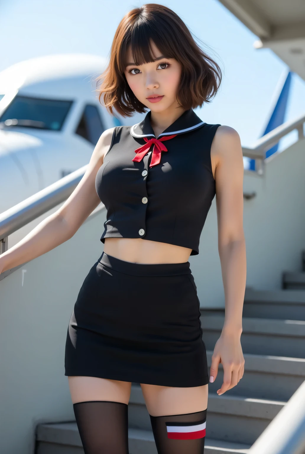 Highest Quality, (Photo realistic), (Looking at the viewer:1.3), Sharp focus, Absolute masterpiece,
Tight-fitting flight attendant uniform, Tight-fitting skirt, Tights, Outdoors, Stairs,
(Big breasts:1.1), Make-up, Bangs, Short wavy bob, Very beautiful Japanese woman
