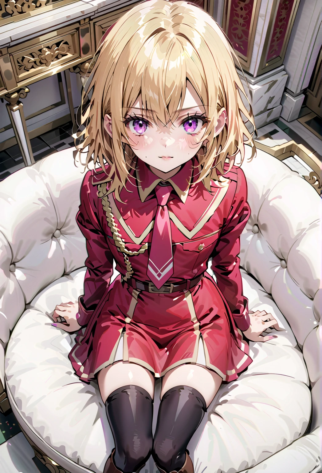  high image quality 、masterpiece、  High Quality   、Full HD、4K 、Take a full-body photo、 view from above、 Golden Hair 、 、 semi-long 、 purple eyes、Cat Eyes、blush、 Danger Emoticons、Estrus、 slim、 flat chest、blush、royal palace、Sitting on a big white sofa 、 Black Tights 、 brown long boots up to the knee、Red Uniform、 red tie、 red skirt 