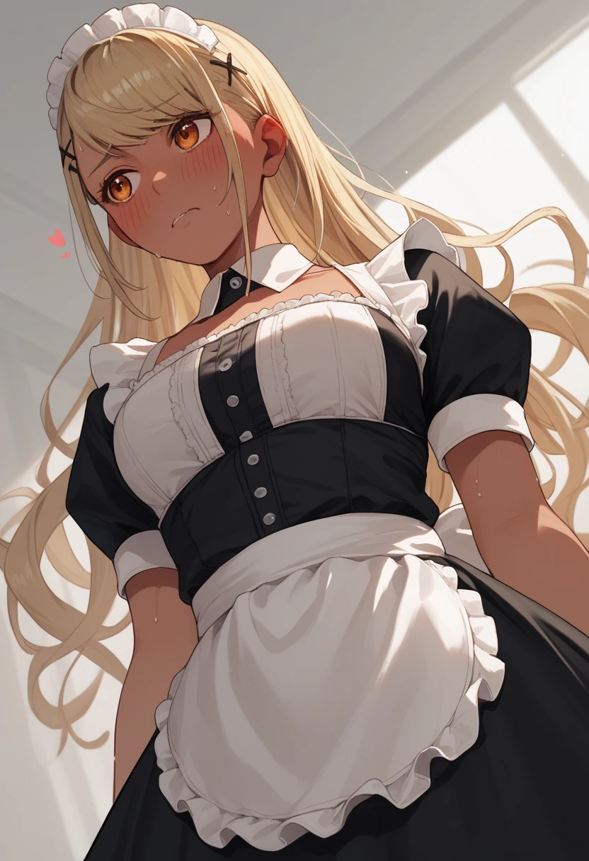 KaminariQpi,  orange eyes , dark skin, blonde hair, long hair, swept bangs, low twintailsbent over, Angle from Below ， maid clothes、blush：1.3， sweaty：1，difficulty breathing，sexual expression，Panicked， heart on the eye， embarrassing、 looks away