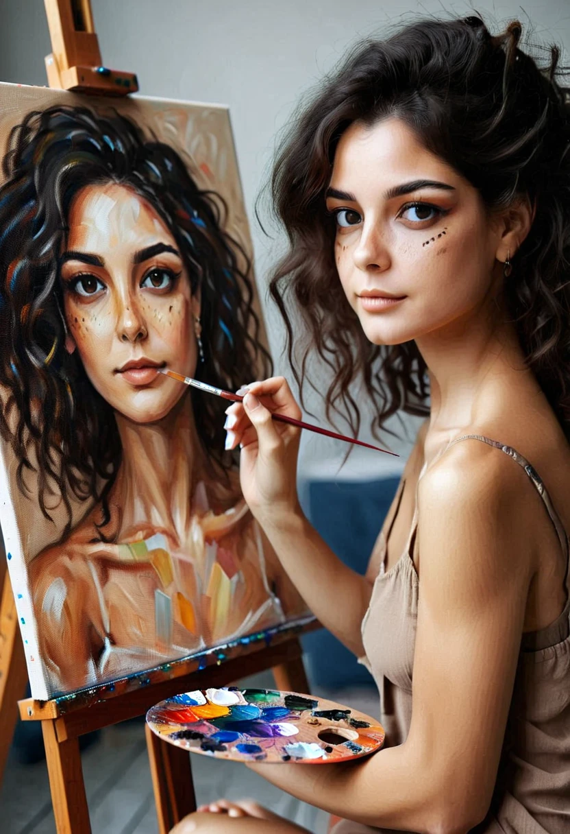 photo of a woman paint a self-portrait, paint, body, beautiful brazilian, and, ,  brown eyes ,  black hair, 