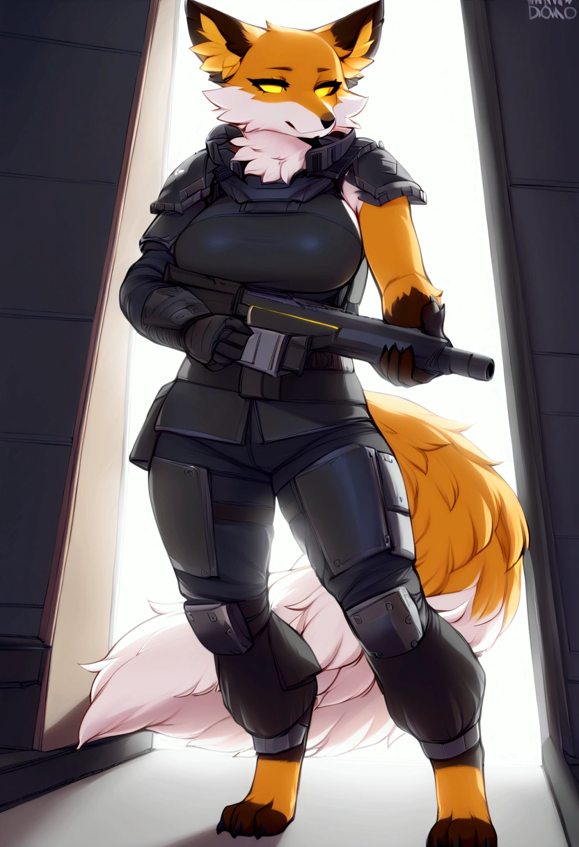 (top quality, best quality, Iriedono, High-quality illustrations, masterpiece, perfect artwork, cinematic light and shading, 16k, 1080p, uploaded on e621)(kemono, furry, anthro, alone), 1 larger female, (very detailed body, face, tail, arms, hands, legs, head and eyes), Helldivers, fox, Fennix, (Fortnite), thick thighs, big breasts, fur, fluffy, fox ears, fox fluffy tail, perfect eyes, yellow sclera eyes, yellow eyes, beautiful Helldivers clothing, beautiful Helldivers armor, beautiful apartment, body movement, body twitching, jiggle physics,