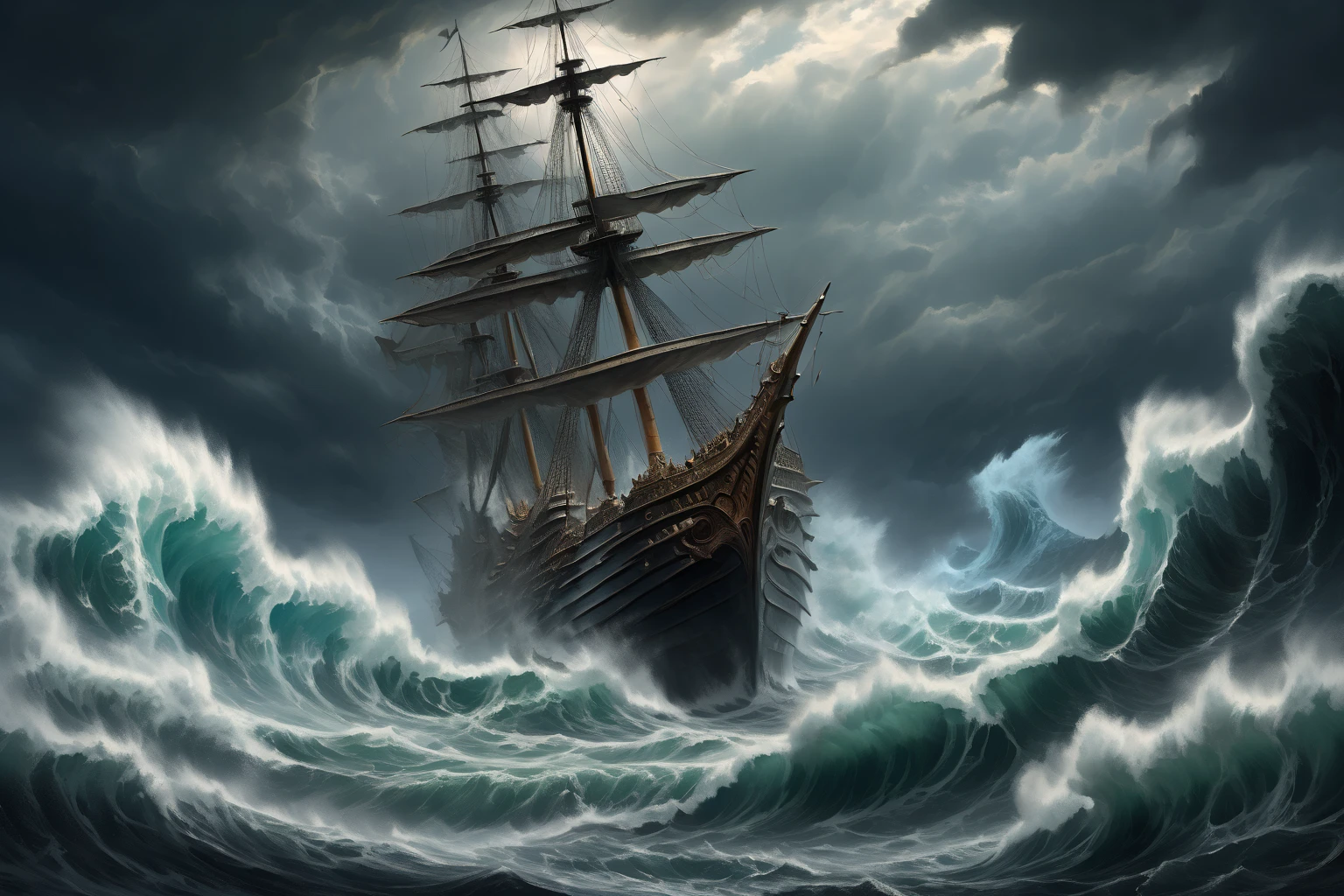 ( A huge cedar rises ), (  sailing ship in the sea side view :1.4 ), ( an exquisite rich sailing battleship :1.2) , (a Leviathan stands in front of the ship among the waves,  huge chthonic creature covered with scales:1.5) , ( black contrasting water ) , ( huge toothy mouth among the waves in the sea :1.5), (Charybdis among the waves :1.2) , ( a whirlpool in huge fangs along the edges in the middle of the sea , leviathan creature in the sea :1.6) ,  ( a huge cedar grows on the plateau :1.2),  lost in the clouds    ,  (white mist spreads  ),     high black plateau with steep steep slopes above the stormy sea) ,  ( Fighting the elements ),   moss grows on top of a plateau   ,  lots of air      , cliff, the waves of the sea are raging      ,     (  the sky before the thunderstorm   )   ,  (  heavy clouds before a thunderstorm  ) , ( a dark cave under the plateau ),  frightening scary sky  , (storm on the water  ), (  huge waves  ), (  light through the clouds    )  ,    (  reflections in water  )    ,  [ view from under the arches of the cave ],      The Abyss of the Dark Sea      , 4K, concept art, fantasy, blue tones,   ( highest detail),   ( Lots of Details ), ( high quality,  masterpiece fails),  very detailed oil painting     ,  Aivazovsky style  ,     Высокий View from afar    , ( top view) , ( dynamic cinematic composition ) , (View from afar), ( closed composition ), ( aerial view from afar :1.3).
