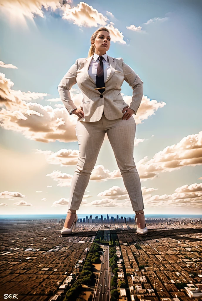 view from outer space of an approaching young white giga giantess, Giantess art, 500 miles tall giga giantess, young white sophisticated and stylish woman in a light grey italian trouser suit, form fitting crisp office shirt, and a large wide necktie in a windsor knot, with a beautiful, curvaceous figure, large natural breasts, white blonde hair in a very long ponytail, with a curvaceous figure and massive breasts. wearing black rounded court high heels with uncovered feet and standing, rampage-like pose, with a city skyscrapers background of mega-city, skyscapers, bright daylight, cloudy atmosphere. The image is a high-resolution, masterpiece-quality, cinematic, ultra-detailed, and hyper-photorealistic photograph, with perfect hands, face, and lighting. ultra-detailed, 8K, photo-realistic, hyper-realistic, masterpiece, intricate details, full body view. Looking pasted camera, The image is a high-resolution, masterpiece-quality, cinematic, ultra-detailed, and hyper-photorealistic photograph, with perfect hands, face, and lighting. ultra-detailed, 8K, photo-realistic, hyper-realistic, masterpiece, intricate details, from down below