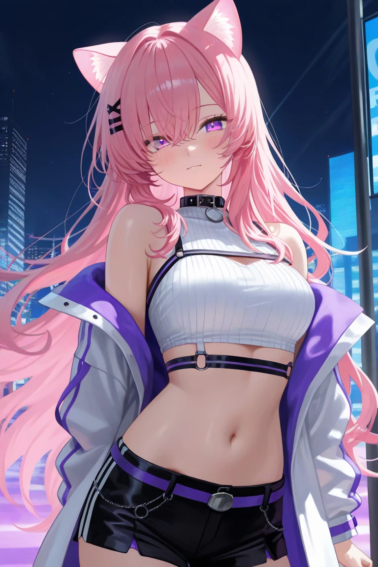 ((Of the highest quality, 8K, Tabletop:1.3)), Single, really、1 girl、Pink hair、Hair length、Small black bar、Violet eye、Bright eyes、(Big, full breasts)、White t-shirt, Crop top, 、Leather pants、Low angles、Interface、Enjoy、Hands on buttocks