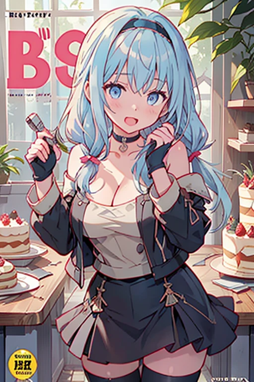 (perky chest:1.2), (pointed chest:1.2),(icecream magazine cover:1.3),(from below:1.2),(shoot from the side:1.1),(((Black Tunic:1.3))),(((cakes and bread in the basket),a 23yo Cute and beautiful girl,masterpiece、highest quality、Very detailed、Beautiful fine details、Detailed landscape、Braided Ponytail、Red camisole、((B cup breasts, Tank top showing underboob:1.0)), thigh strap, bangs, necktie, earrings, nail polish, fishnet pantyhose, silver hair, looking at viewer, full body, bottle, own hands together, belt, food, ring, choker, english text paper:1.2, collared shirt, blue eyes, hat,lace-up boots ,