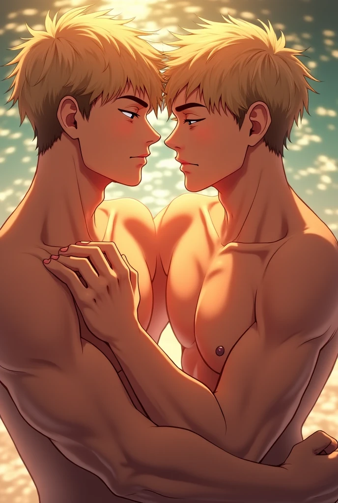 Create shirtless bakugou taking off his beach shorts and next to him midorya kissing him