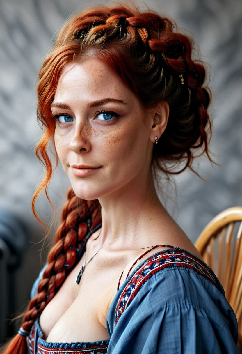  Portrait of a beautiful Norwegian woman , and,  big boobs,  intricate dress , soft smile, natural lips,  long red hair with shaved sides , some braids and some dreads ,  gray-blue eyes , realism,  digital painting ,  conceptual art, suave,  sharp focus,  rule of thirds, Psycho-Style