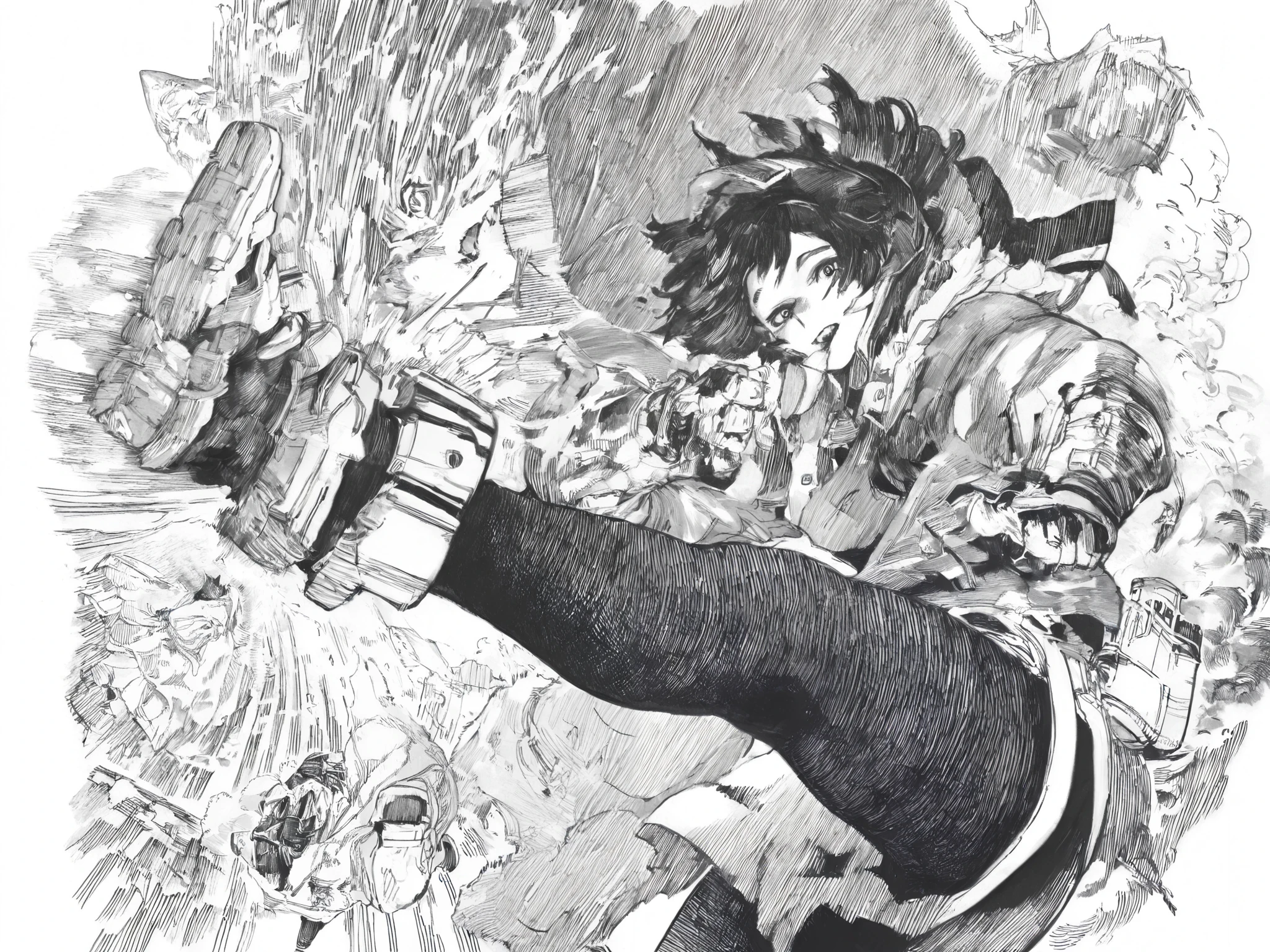 score_9, score_8_up, score_7_up, score_6_up, score_5_up, score_4_up, Kohei Horikoshi, My Hero Academia,
BREAK
(masterpiece: 1.0), best quality, monochrome, greyscale, crosshatching, directional hatching, gradients in shading, perfection, highly detailed hatching /texture/, extremely shaded
BREAK
ultra-detailed realistic manga \(medium\) (cinematic manga style), very awa, masterpiece, highres, absurdres, newest, year 2024, year 2023, ultra-detailed textures, (linear hatching, hatching \(texture\):1.1), ultra-detailed clothes, greyscale, monochrome, (masterpiece: 1.0), best quality, perfect anatomy, perfect composition, perfection, monochrome, greyscale, detailed hatching, directional hatching, contour hatching, thick outlines
BREAK
1girl, Asians, dynamic pose, foreshortening, shark finned gauntlets, shark finned hoodie, mask, action poses, black hair, 