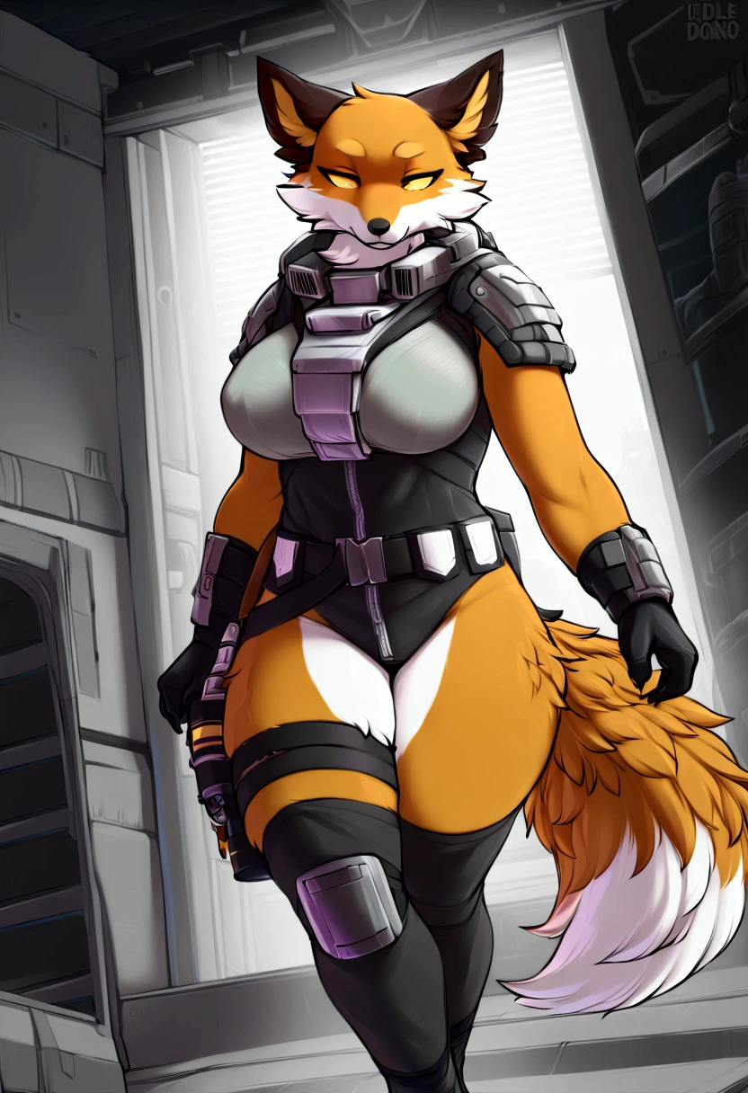 (top quality, best quality, Iriedono, High-quality illustrations, masterpiece, perfect artwork, cinematic light and shading, 16k, 1080p, uploaded on e621)(kemono, furry, anthro, alone), 1 larger female, (very detailed body, face, tail, arms, hands, legs, head and eyes), Helldivers, fox, Fennix, (Fortnite), thick thighs, big breasts, fur, fluffy, fox ears, fox fluffy tail, perfect eyes, yellow sclera eyes, yellow eyes, beautiful Helldivers clothing, beautiful Helldivers armor, beautiful apartment, body movement, body twitching, jiggle physics,