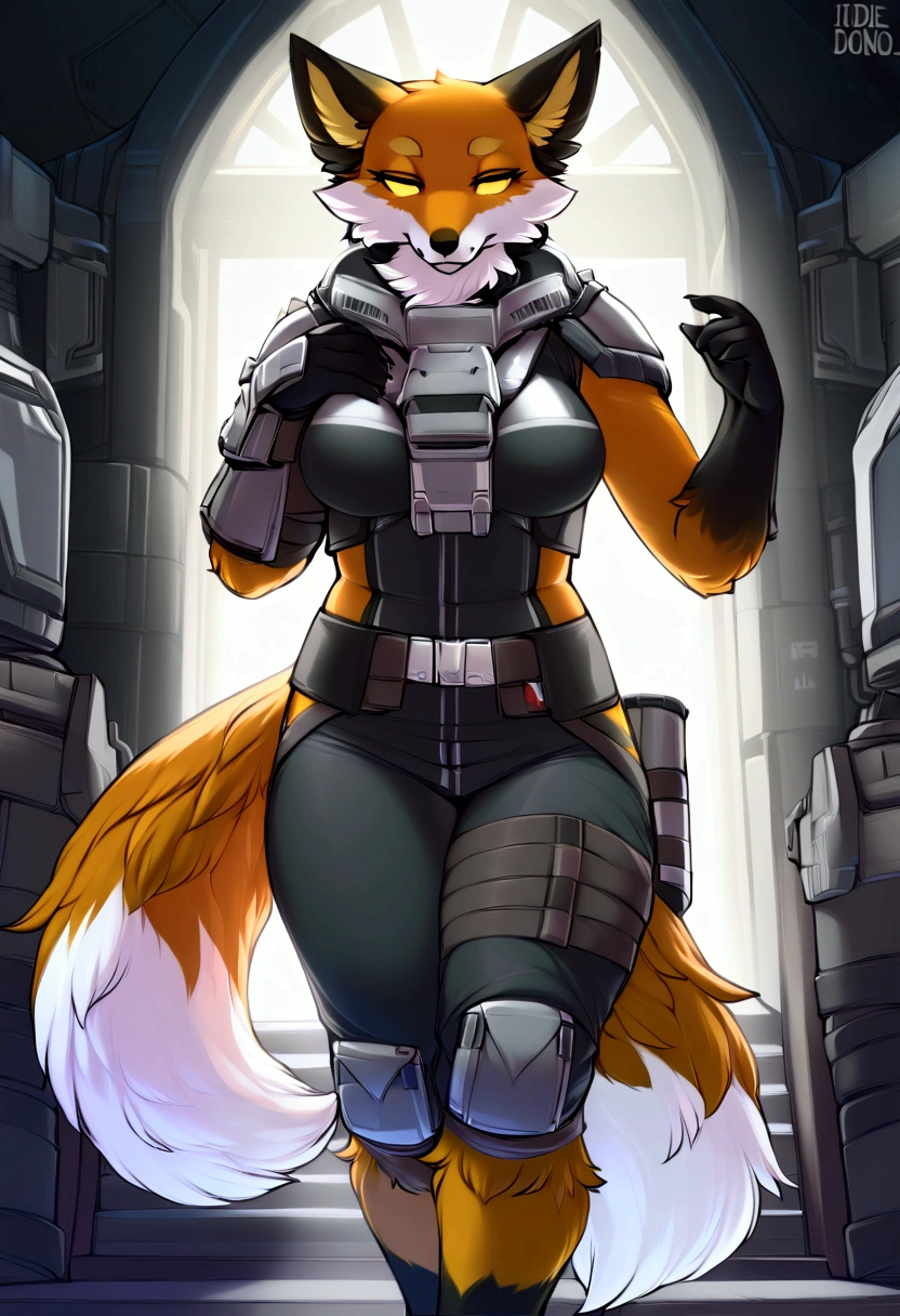 (top quality, best quality, Iriedono, High-quality illustrations, masterpiece, perfect artwork, cinematic light and shading, 16k, 1080p, uploaded on e621)(kemono, furry, anthro, alone), 1 larger female, (very detailed body, face, tail, arms, hands, legs, head and eyes), Helldivers, fox, Fennix, (Fortnite), thick thighs, big breasts, fur, fluffy, fox ears, fox fluffy tail, perfect eyes, yellow sclera eyes, yellow eyes, beautiful Helldivers clothing, beautiful Helldivers armor, beautiful apartment, body movement, body twitching, jiggle physics,