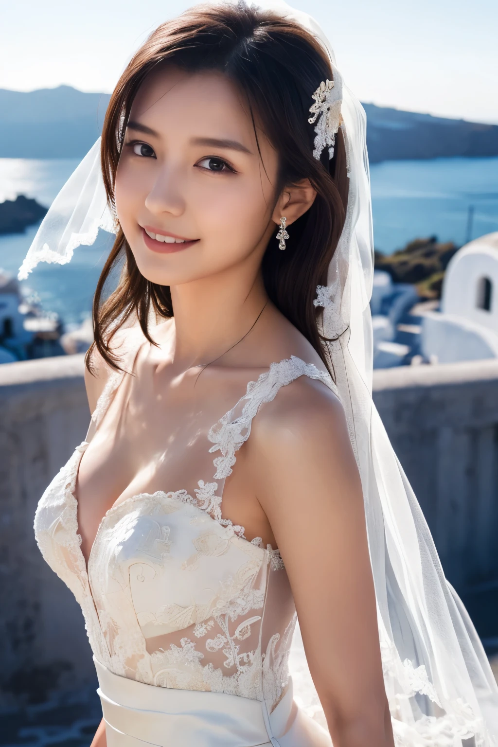 1 girl, ( wear a wedding dress:1.2), (Veil), very beautiful portrait of a Japanese idol,
( RAW photos, top quality ), ( realistic, realistic:1.4), (masterpiece),
very delicate and beautiful , very detailed, 2k wallpaper, amazing on the beach, finely, very detailed CG Unity 8K wallpaper, very detailed, high res, Soft light,
girl with beautiful details wearing a navy blue blouse, very detailed目と顔, Beautiful and Refined Nose, beautiful beautiful eyes under the sun, movie lighting,
(Santorini church ), (bell), (Aegean Sea),
Perfect Anatomy , slender body, small breasts, (A shy smile:0.8), whole body