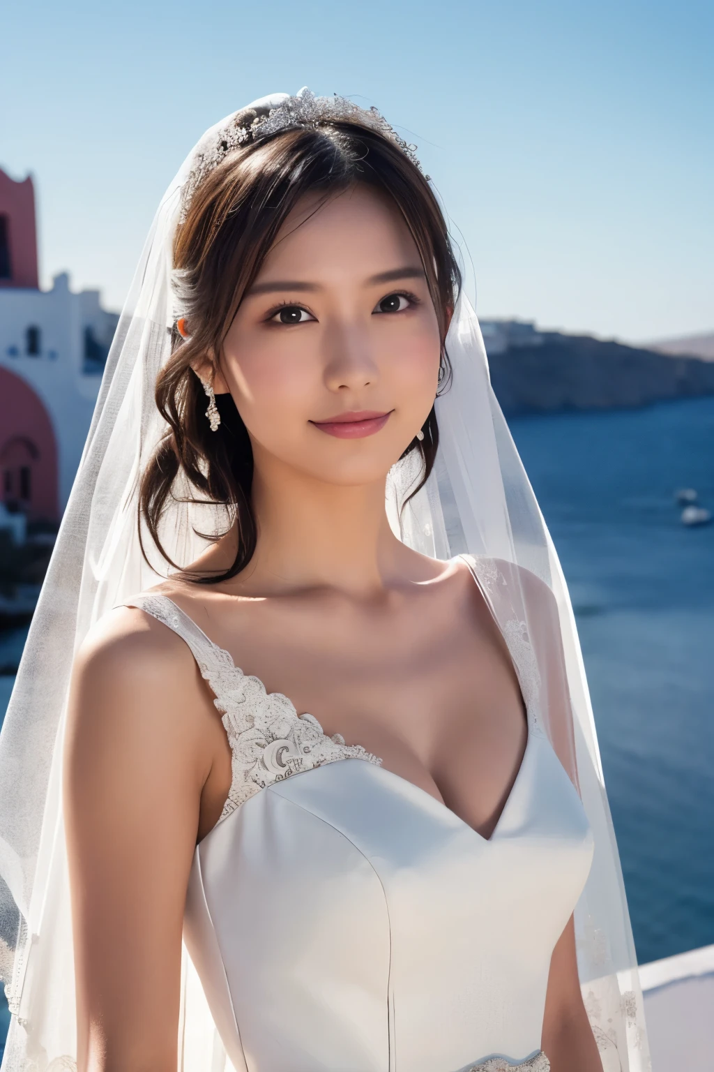  1 girl, ( wear a wedding dress:1.2), (Veil),  very beautiful portrait of a Japanese idol, 
( RAW photos,  top quality ), ( realistic,  realistic:1.4), (masterpiece), 
 very delicate and beautiful ,  very detailed, 2k wallpaper,  amazing on the beach, finely,  very detailed CG Unity 8K wallpaper,  very detailed,  high res, Soft light, 
 girl with beautiful details wearing a navy blue blouse,  very detailed目と顔,  Beautiful and Refined Nose,  beautiful beautiful eyes under the sun,  movie lighting, 
(Santorini church ), (bell), (Aegean Sea),
Perfect Anatomy ,  slender body,  small breasts, (A shy smile:0.8), whole body